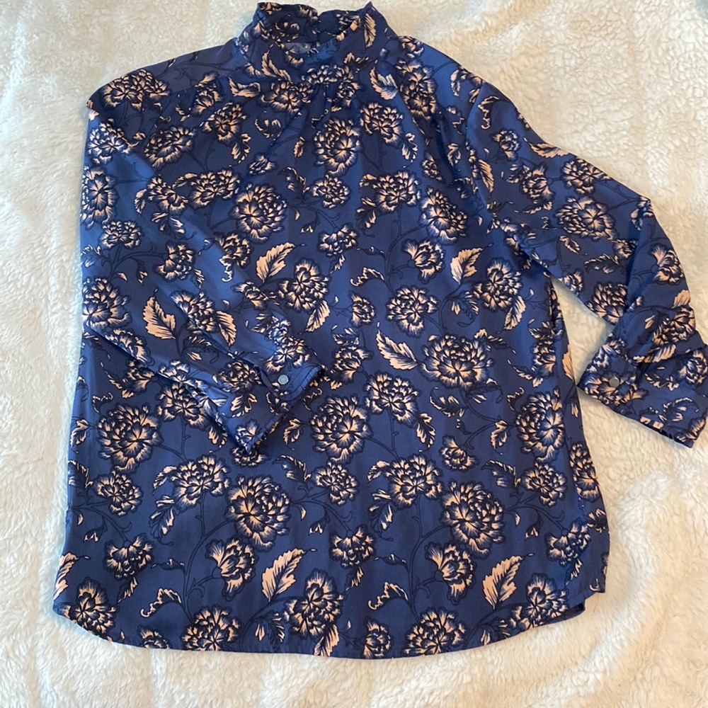 Banana Republic Factory | Blue/peach floral, mock neck blouse, Small